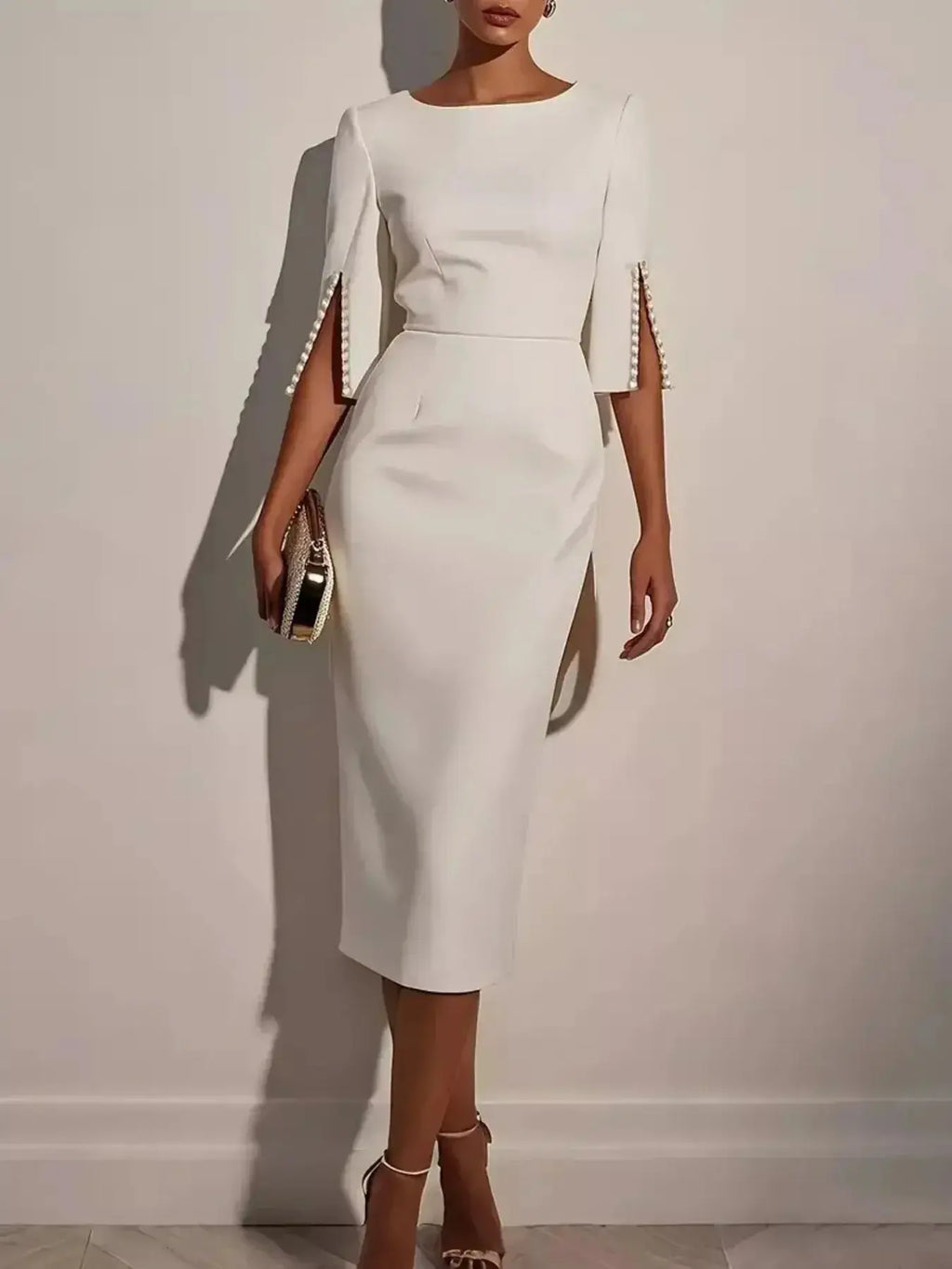 Slim-Fit Elegant Midi Dress with Beaded Slit Sleeve - DaisyDrop 