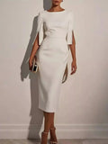 Slim-Fit Elegant Midi Dress with Beaded Slit Sleeve - DaisyDrop 