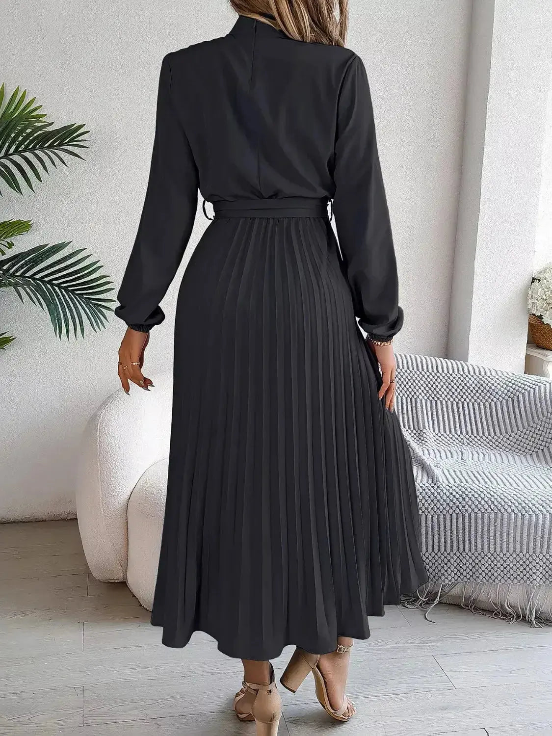 Mock Neck Pleated Midi Dress - DaisyDrop 