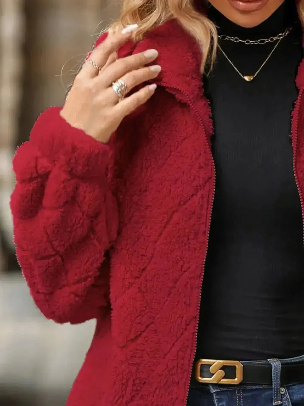 Fuzzy Pocketed Zip Up Jacket - DaisyDrop 