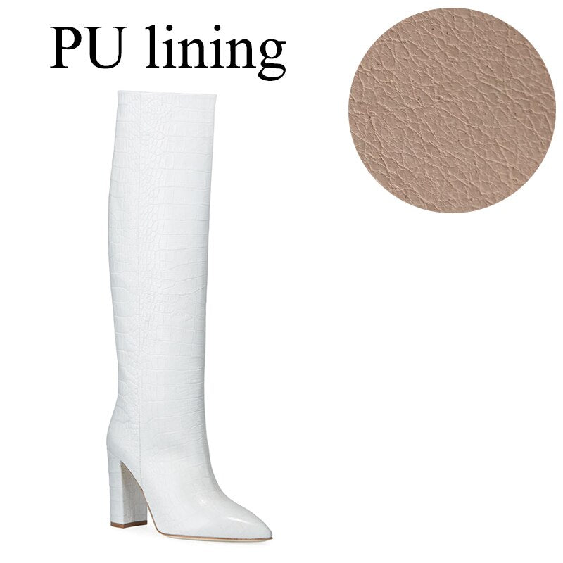 Women White Knee High Boots Crocodile Embossed Heel