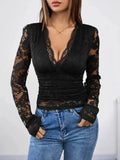 Perfee V-Neck Long Sleeve Lace Top - DaisyDrop 
