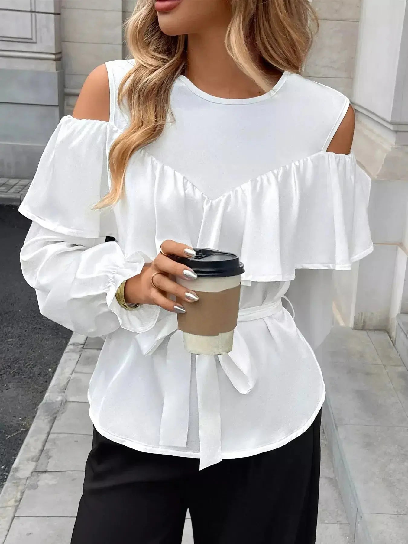 Cold Shoulder Ruffle Blouse - DaisyDrop 
