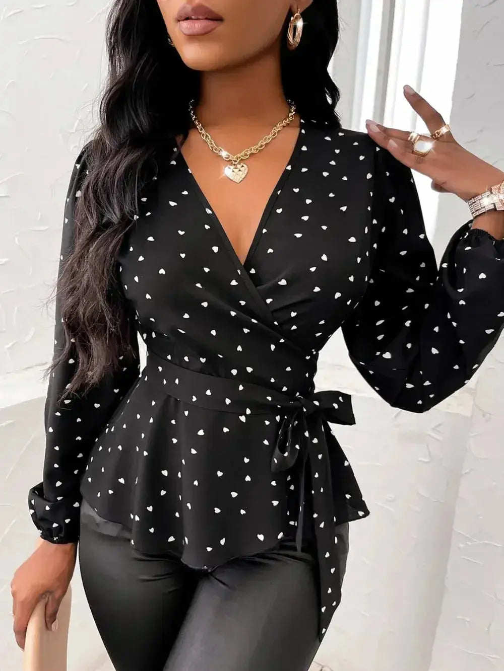 Heart Print Surplice Balloon Sleeve Blouse - DaisyDrop 