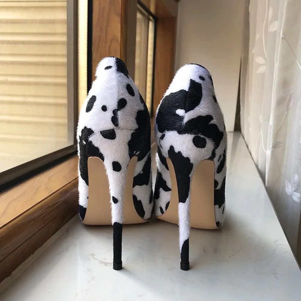 Tikicup Cow Print Women White Hairy Flock Pointy Toe High Heels eprolo