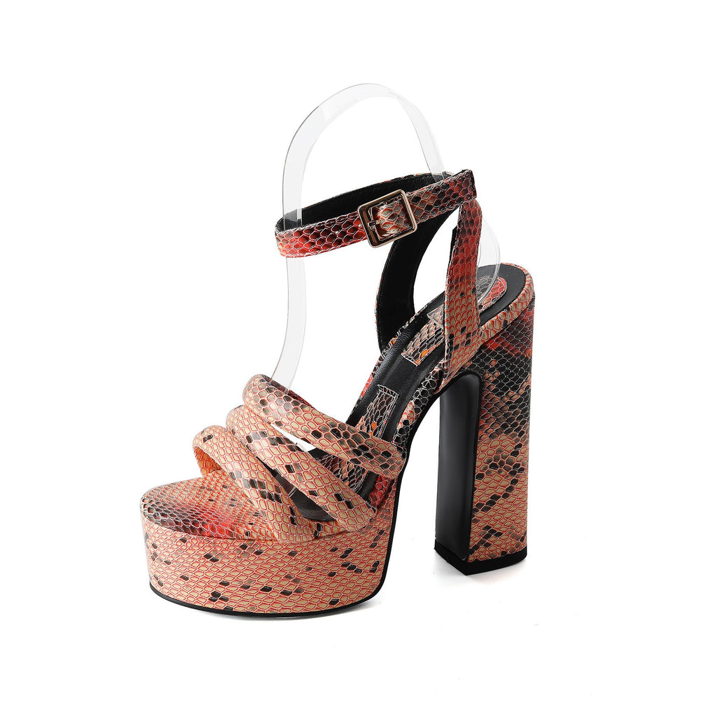 Round toe button strap with exposed toe snake pattern thick heel