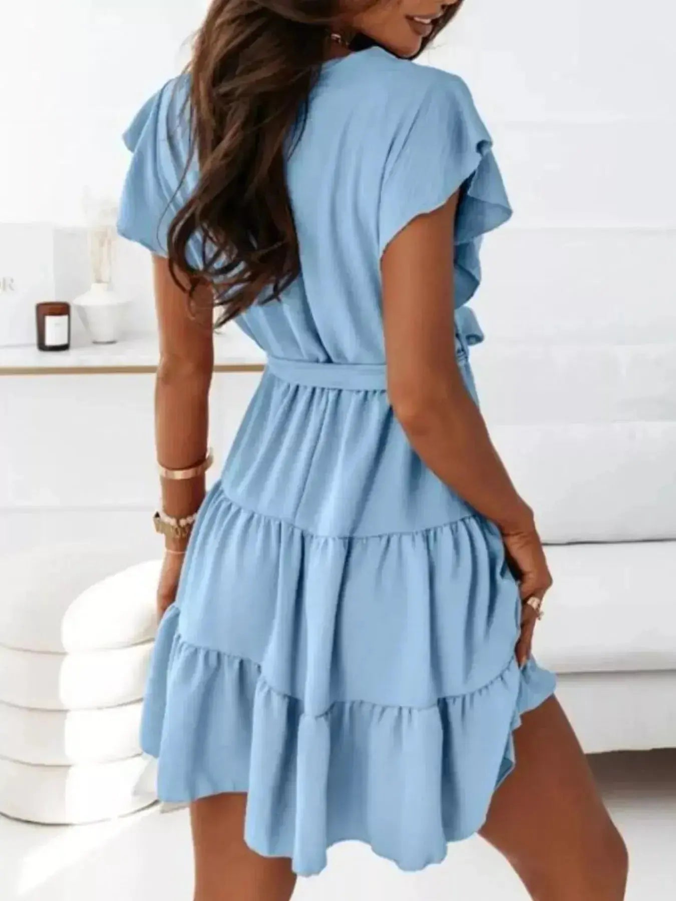Ruffle Sleeve Tie Waist Tiered Mini Dress - DaisyDrop 