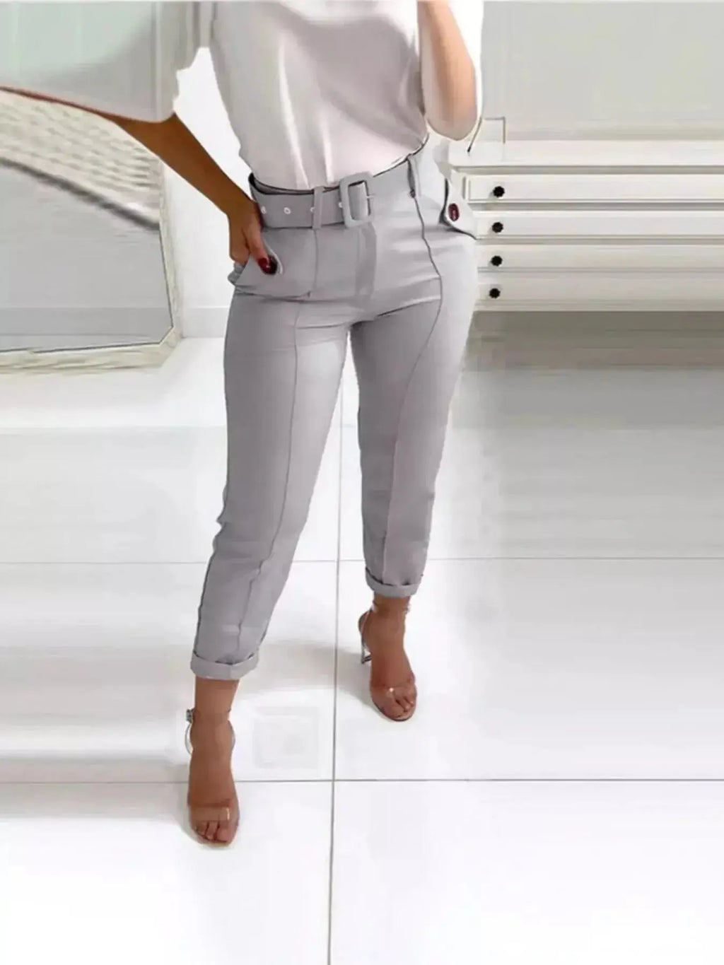 High Waist Belted Slim Fit Ankle Pants - DaisyDrop 
