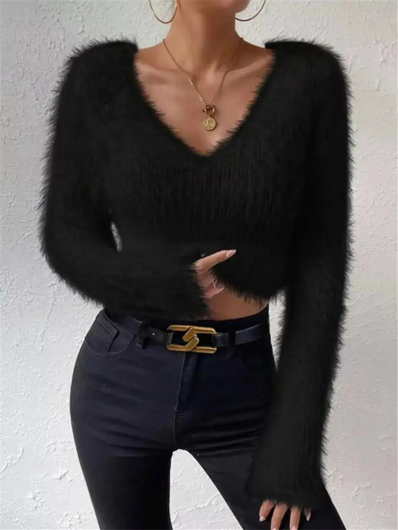 Fluffy Knit V-Neck Sweater - DaisyDrop 