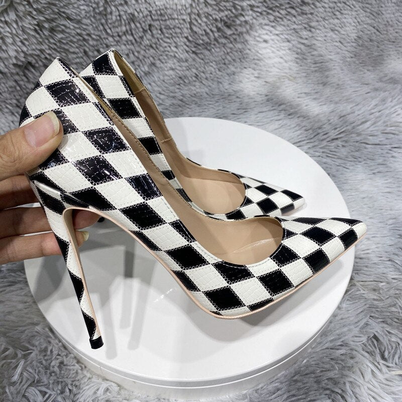Tikicup Black White Diamond Crocodile Effect Women Pointy Toe High Heel