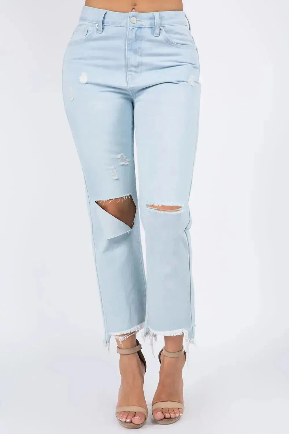 American Bazi High Waist Distressed Raw Hem Jeans - DaisyDrop 