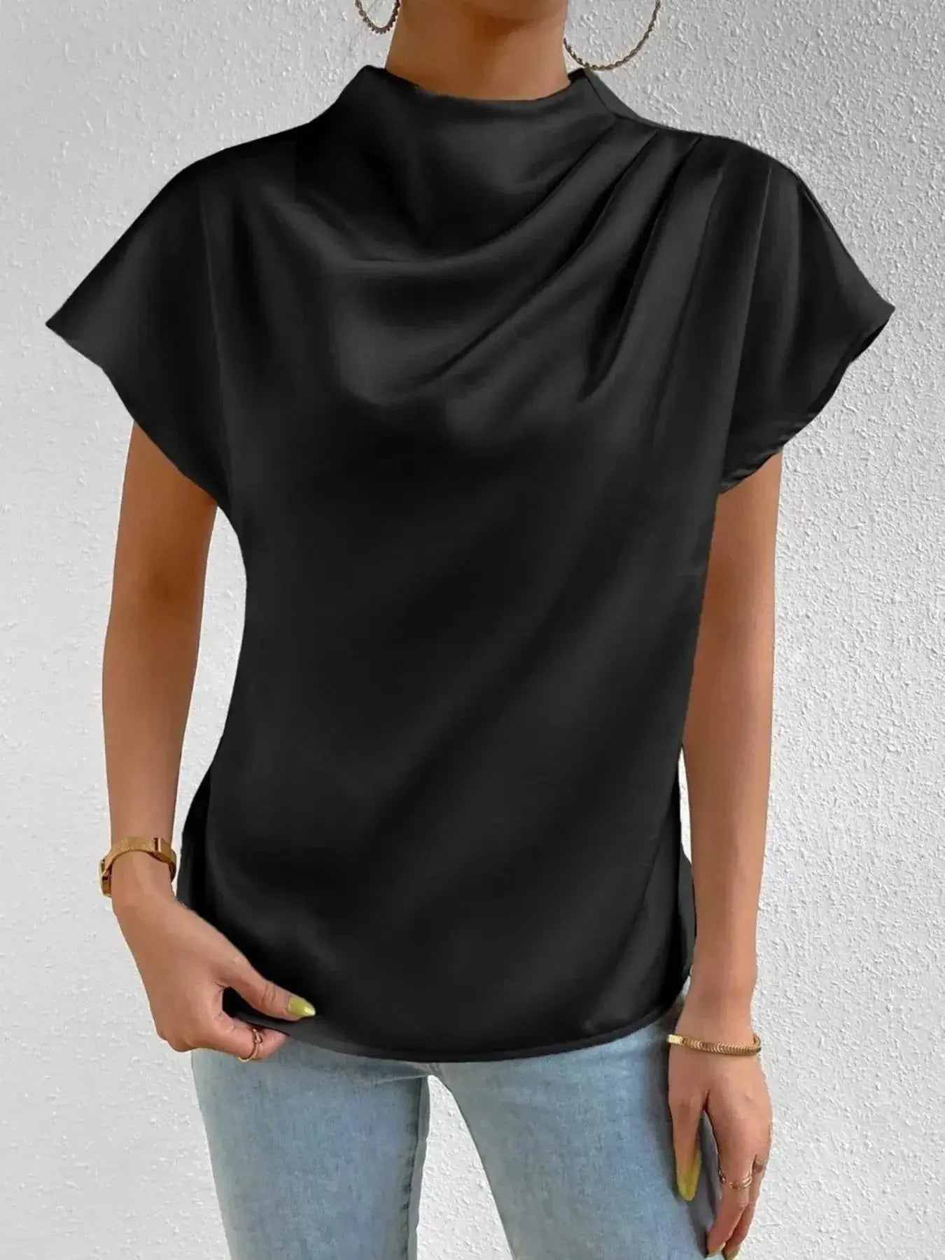 Mock Neck Satin Blouse - DaisyDrop 