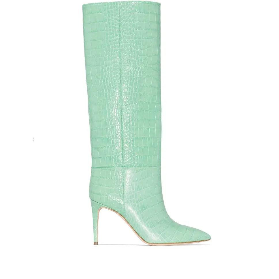 Women's High Boot Slip-on Crocodile Print Pointy Toe eprolo