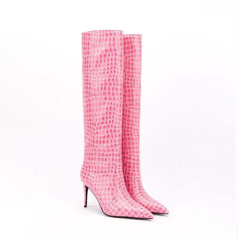 Women Knee High Boots Fluorescent Crocodile Leather Pointed Toe eprolo
