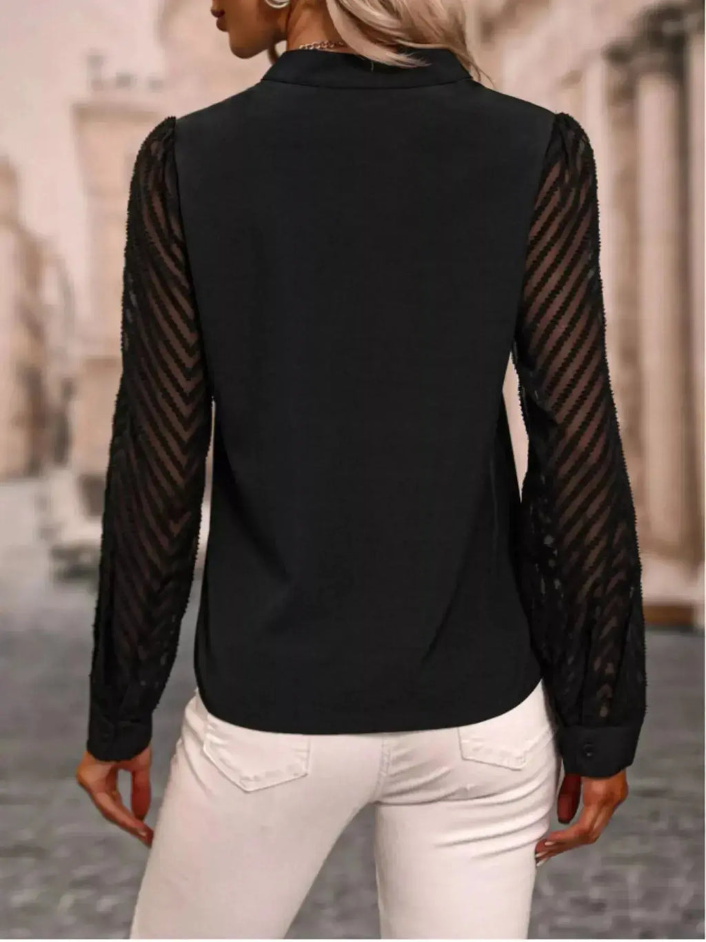 Notched Long Sleeve Blouse - DaisyDrop 