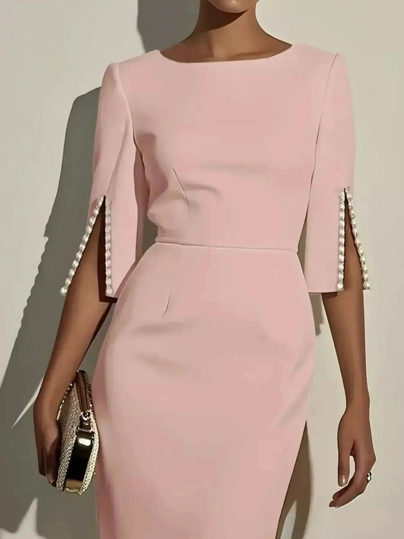 Slim-Fit Elegant Midi Dress with Beaded Slit Sleeve - DaisyDrop 