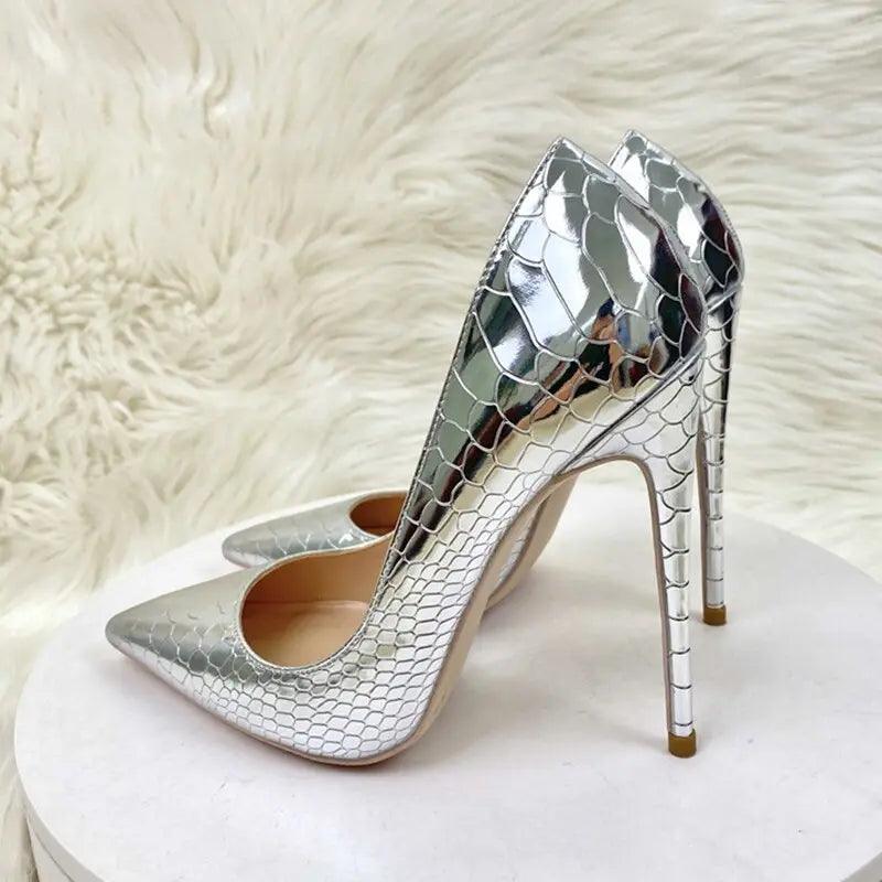 Tikicup Silver Embossed Crocodile Effect Sexy Pointy Toe eprolo