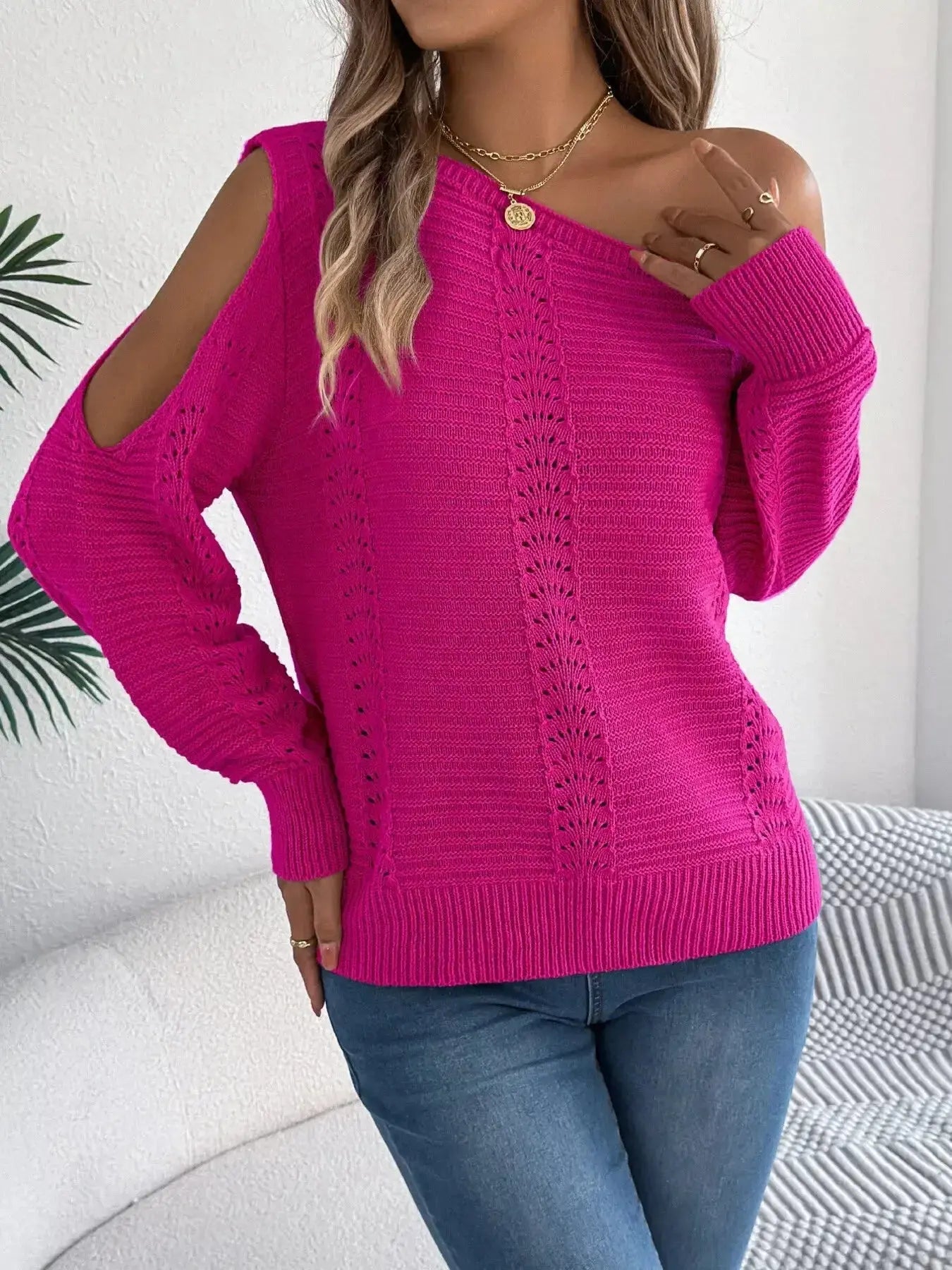 Openwork One Shoulder Cutout Long Sleeve Sweater - DaisyDrop 