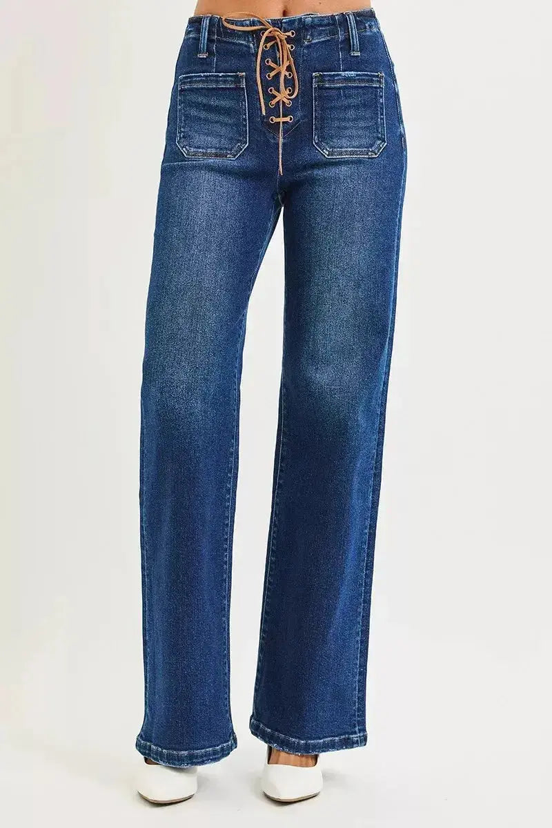 RISEN Full Size High Rise Wide Leg Jeans with Front Tie Detail Plus Size - DaisyDrop 