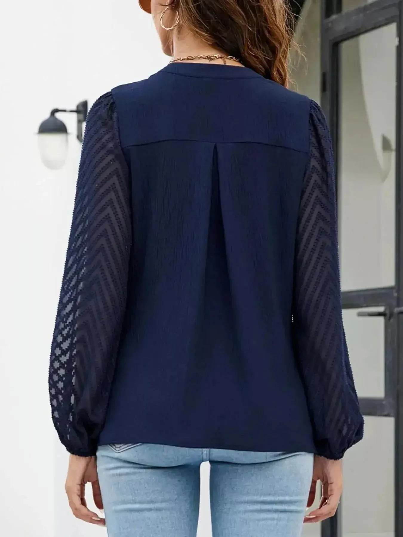 Notched Balloon Sleeve Blouse - DaisyDrop 