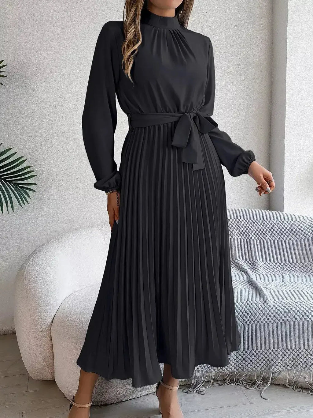 Mock Neck Pleated Midi Dress - DaisyDrop 