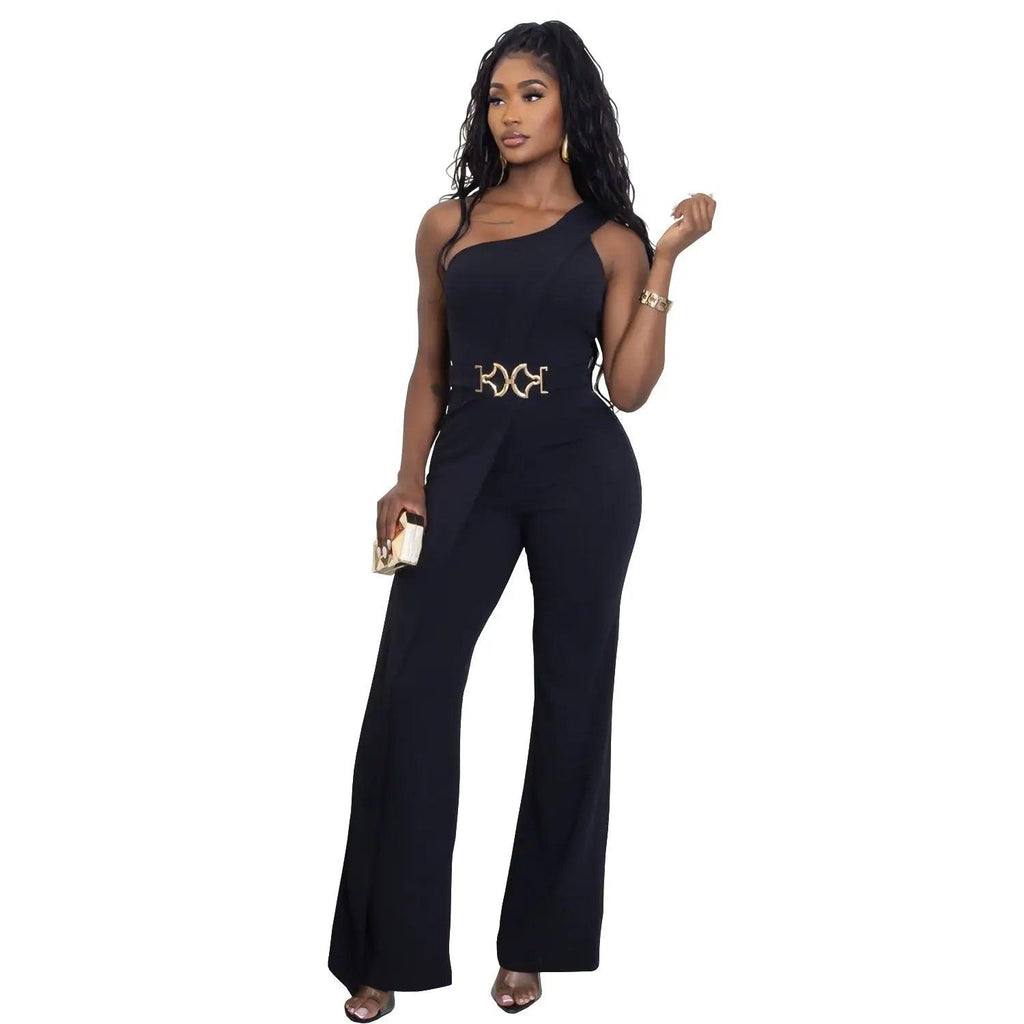 Elegant Decorative Button Asymmetrical Shoulder Jumpsuit eprolo