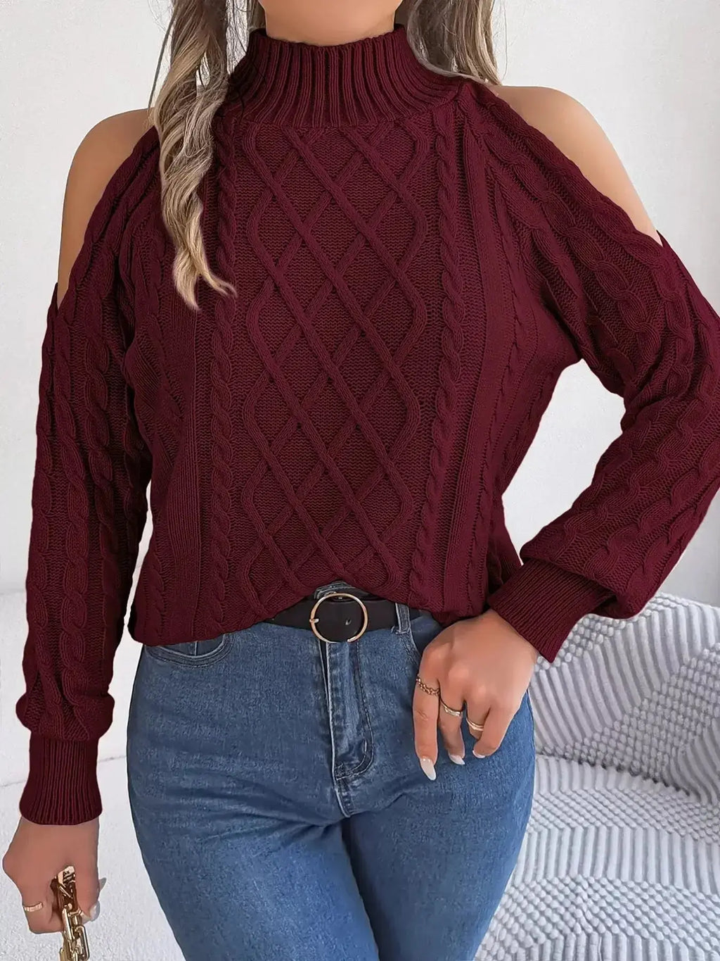 Cable Knit Cold Shoulder Turtleneck Sweater - DaisyDrop 