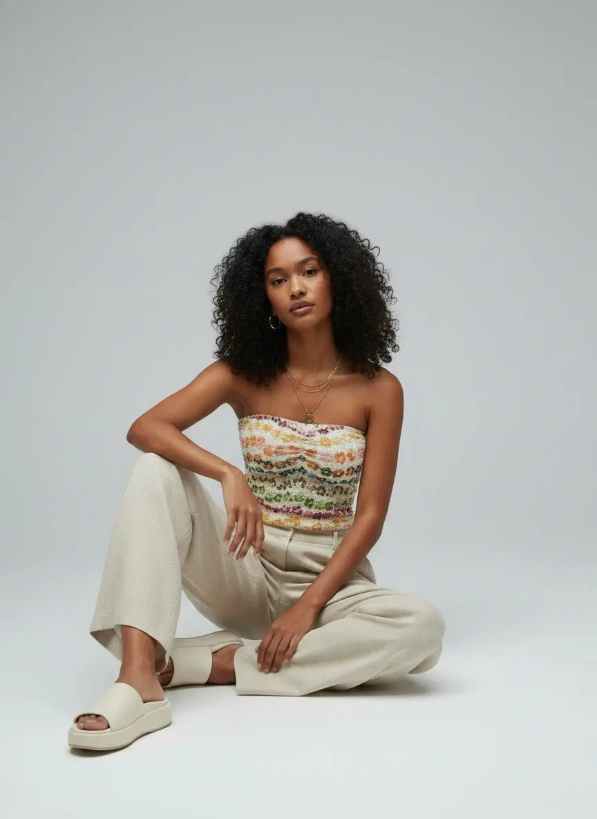 Model sitting while wearing Floral Ruched Tube Top