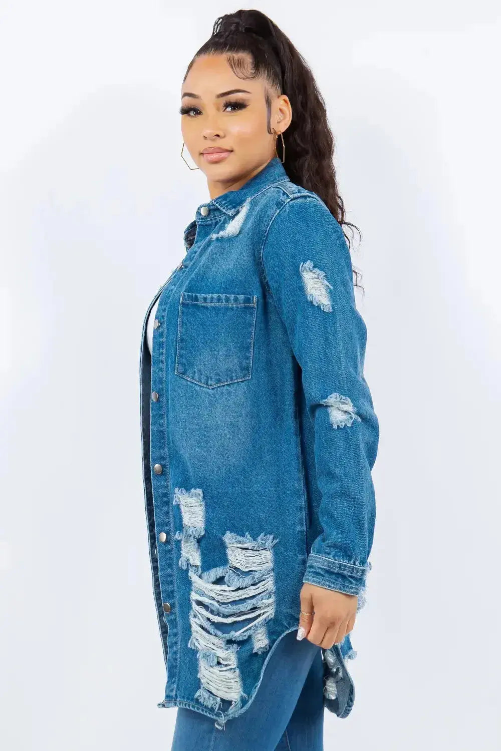 American Bazi Distressed Button Up Long Sleeve Denim Jacket - DaisyDrop 