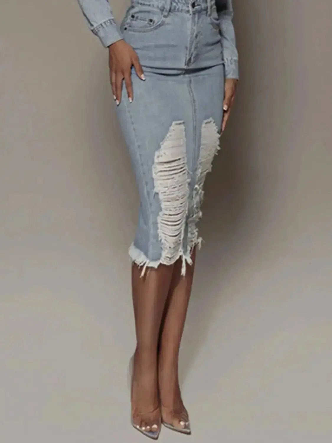 Distressed Slit Denim Skirt - DaisyDrop 
