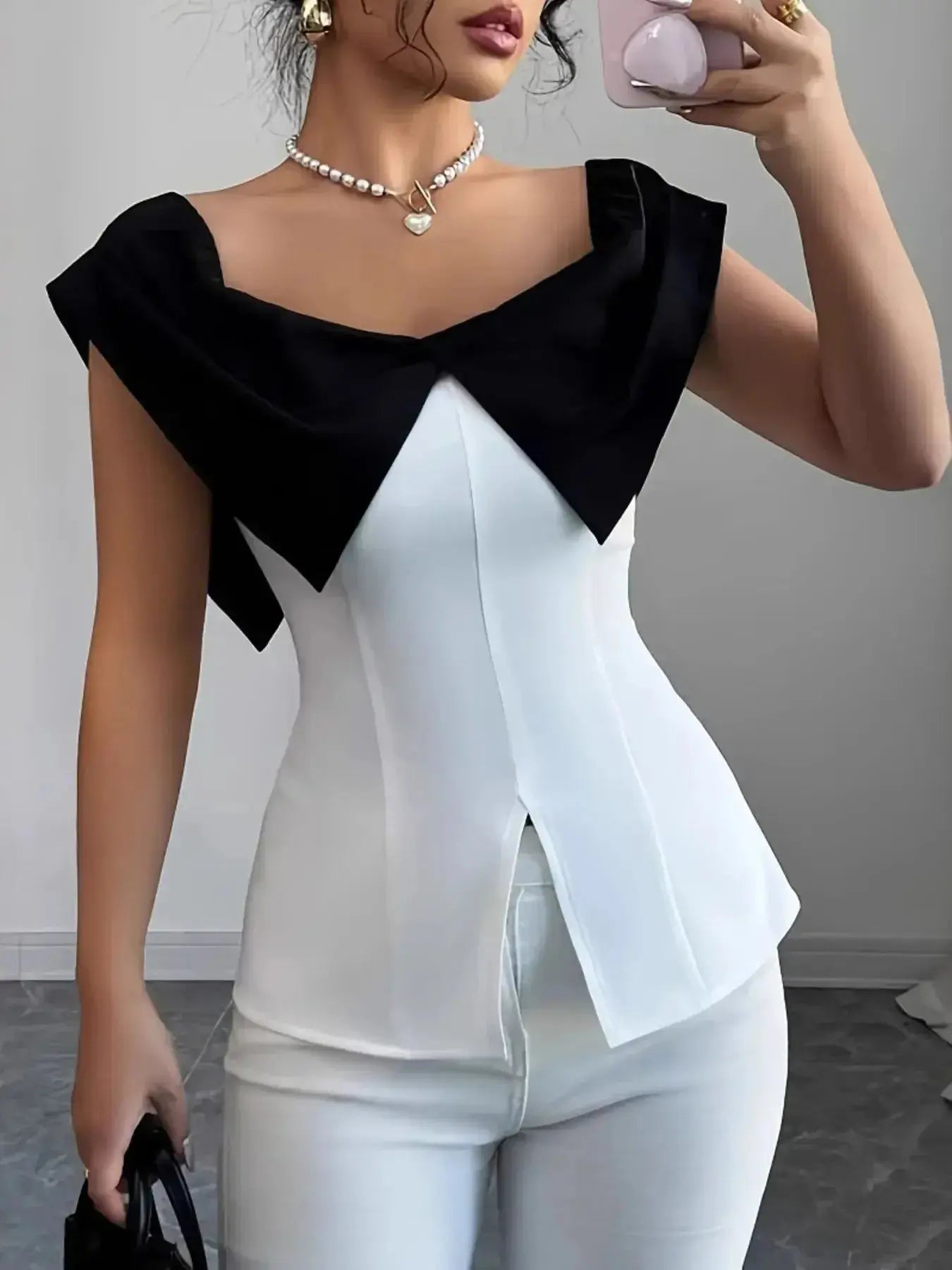 Slit Contrast Cap Sleeve Blouse - DaisyDrop 