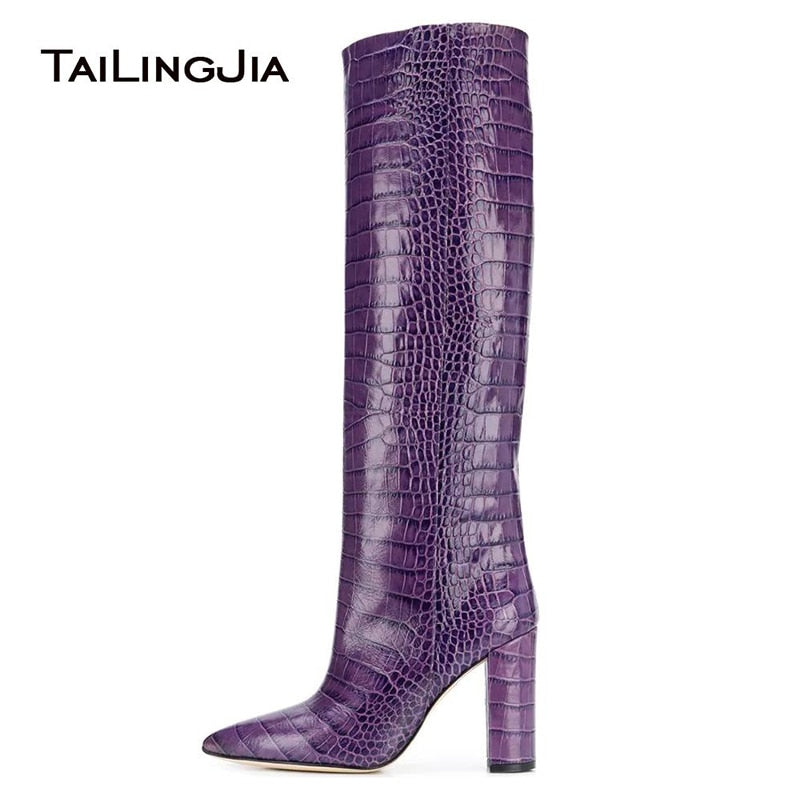Women White Knee High Boots Crocodile Embossed Heel
