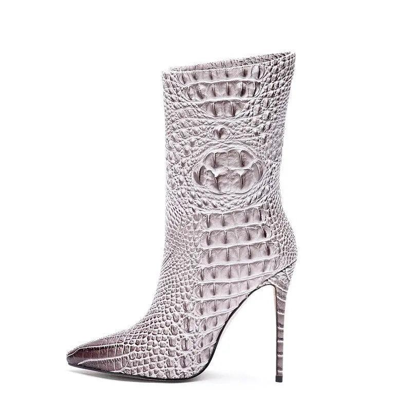 Crocodile High Heel Short Boot Pointed Thin Heel Ankle Boots eprolo