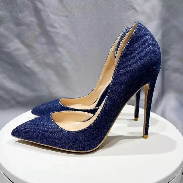 Women Navy Blue Denim Fabric Sexy  Pointy Toe High Heels eprolo