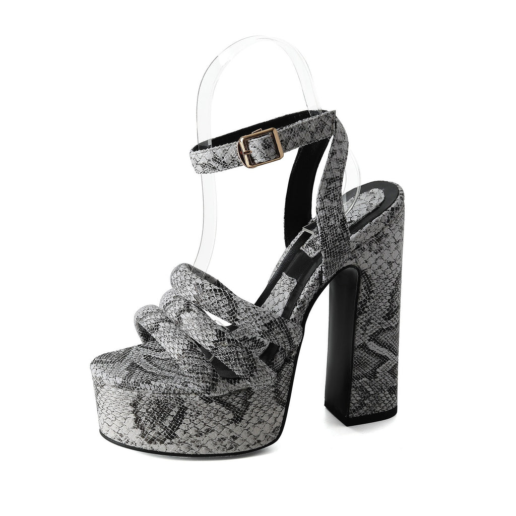 Round toe button strap with exposed toe snake pattern thick heel