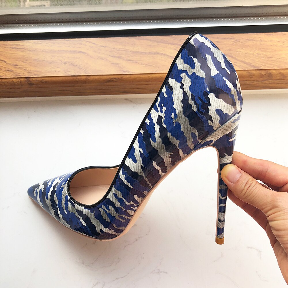 Tikicup Blue Women Patent Printed Pointy Toe High Heels