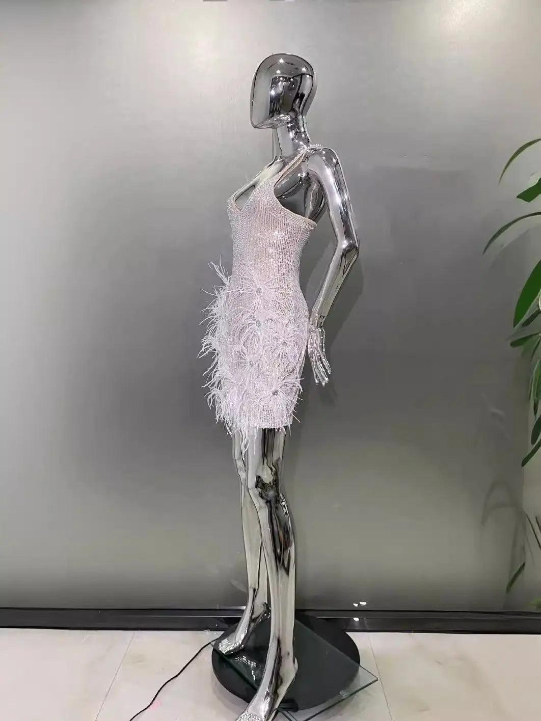 Summer sparkling diamond feather sexy low-cut sequin suspender dress eprolo