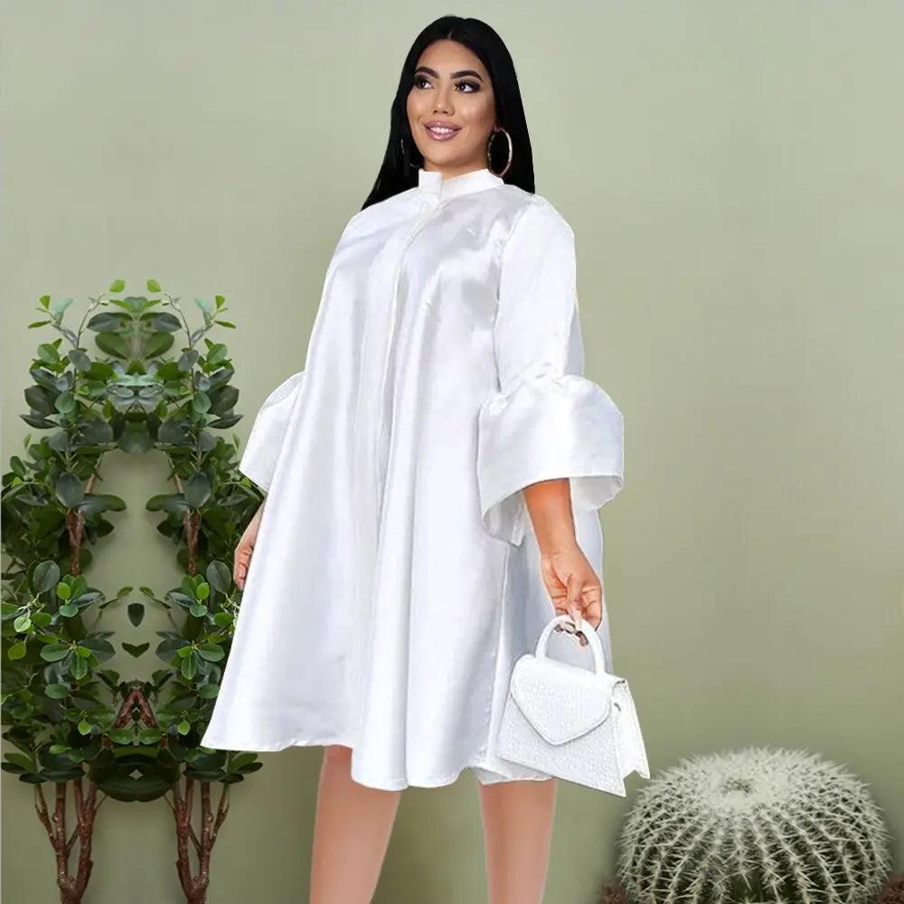 Plus Size Three Quater Lantern Sleeve Oversized Knee Length Casual Dress eprolo