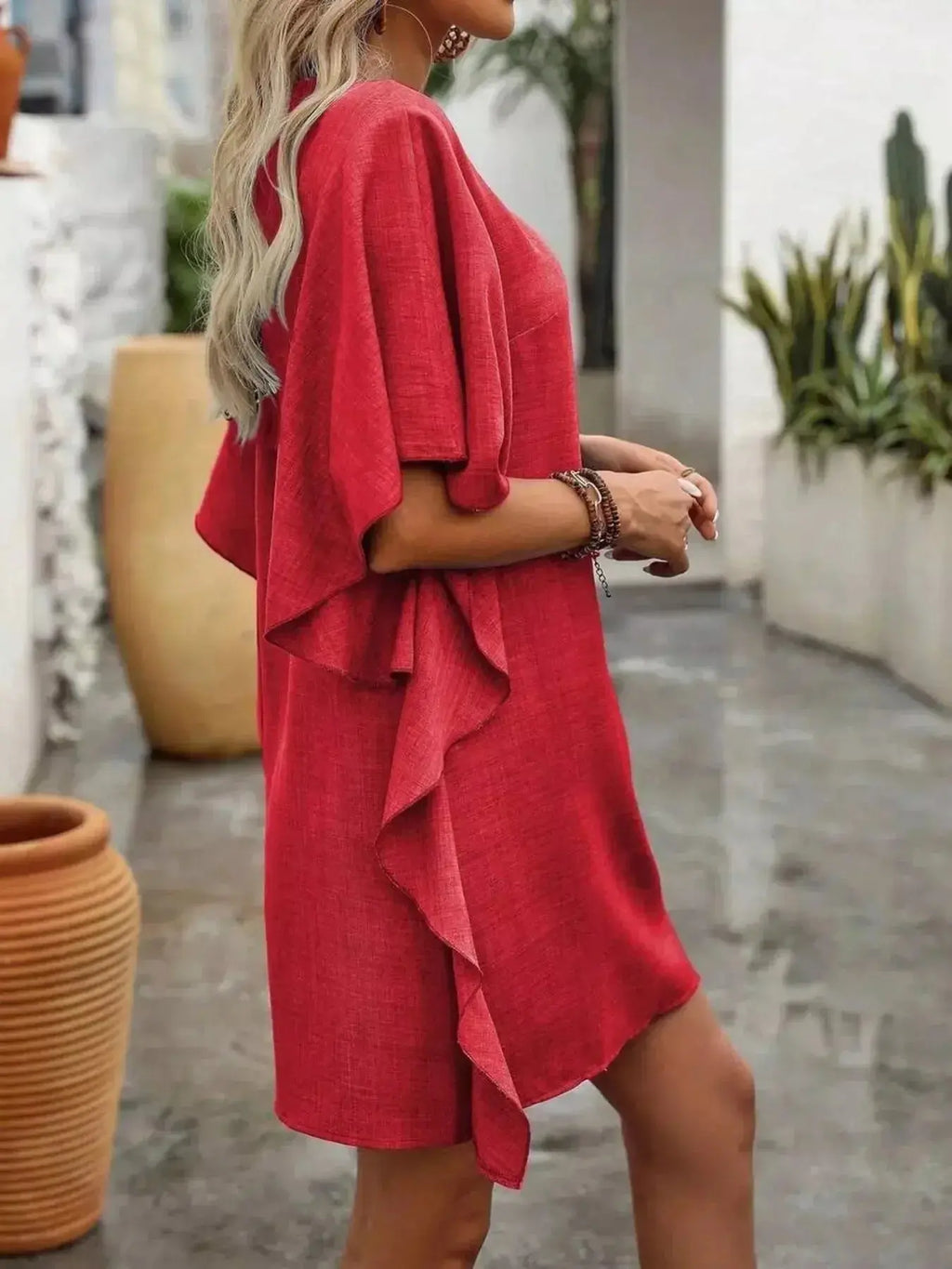 Ruffled Flutter Sleeve V-Neck Mini Dress - DaisyDrop 