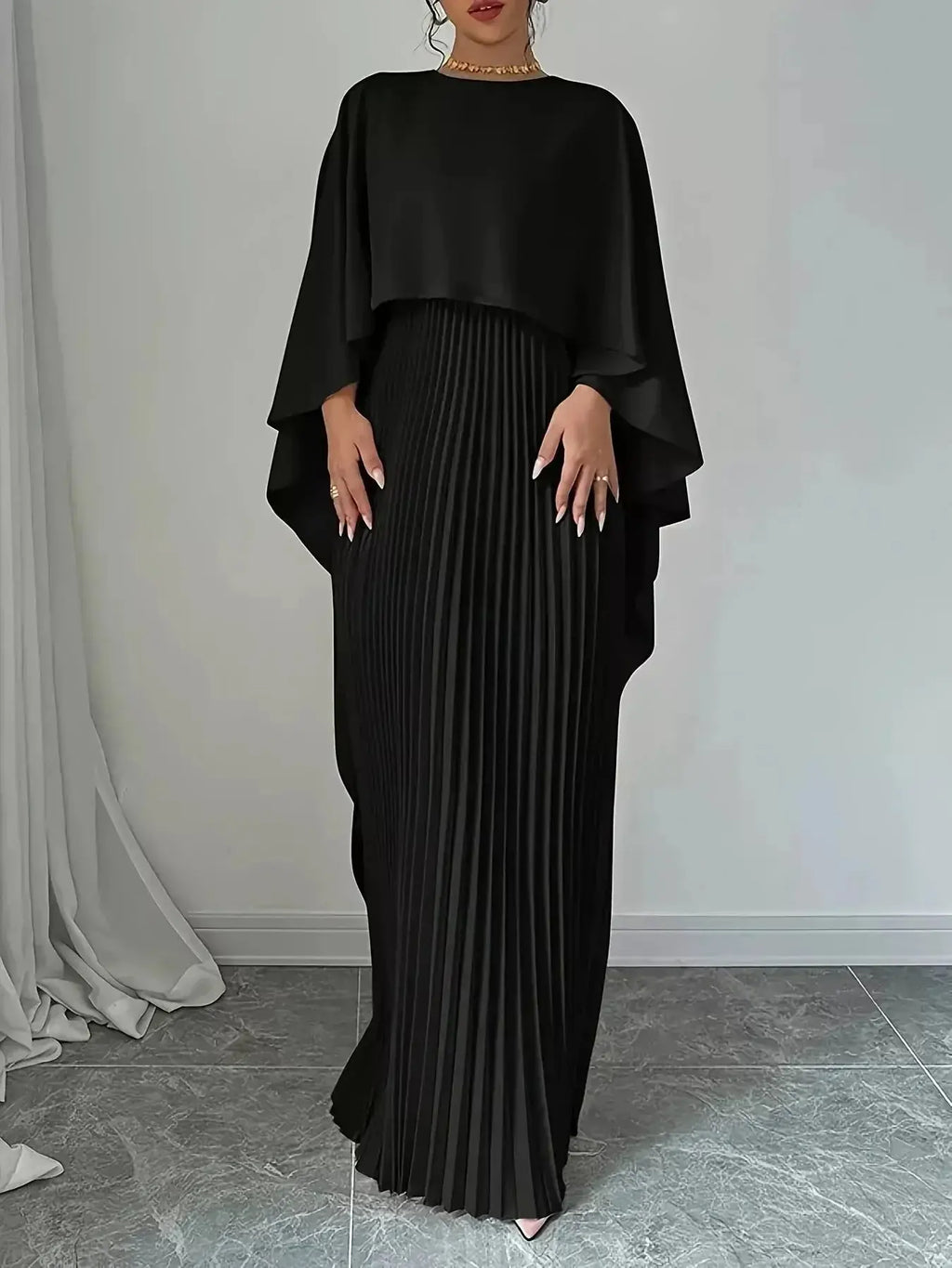Cape Pleated Maxi Dress - DaisyDrop 