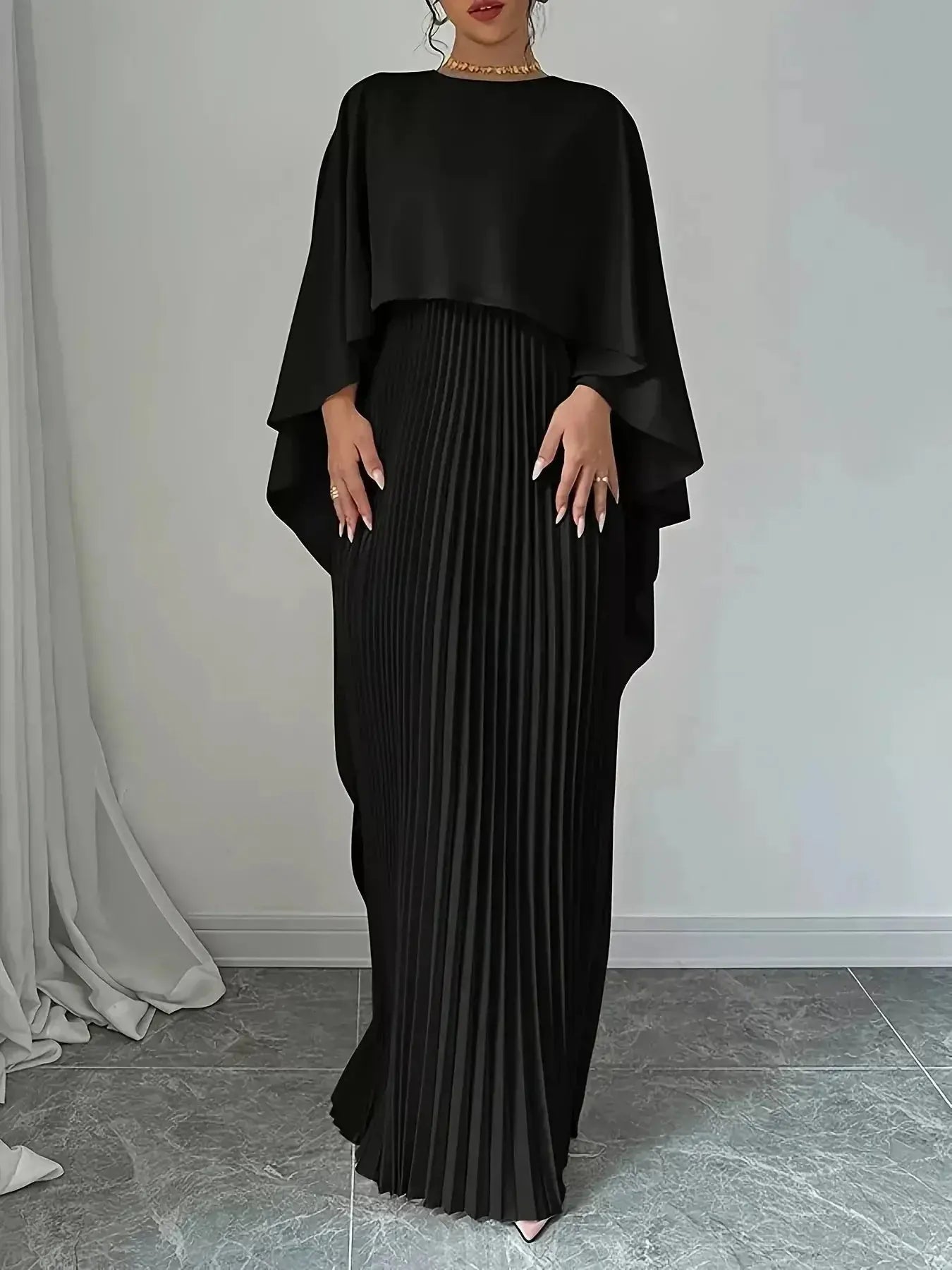 Cape Pleated Maxi Dress - DaisyDrop 