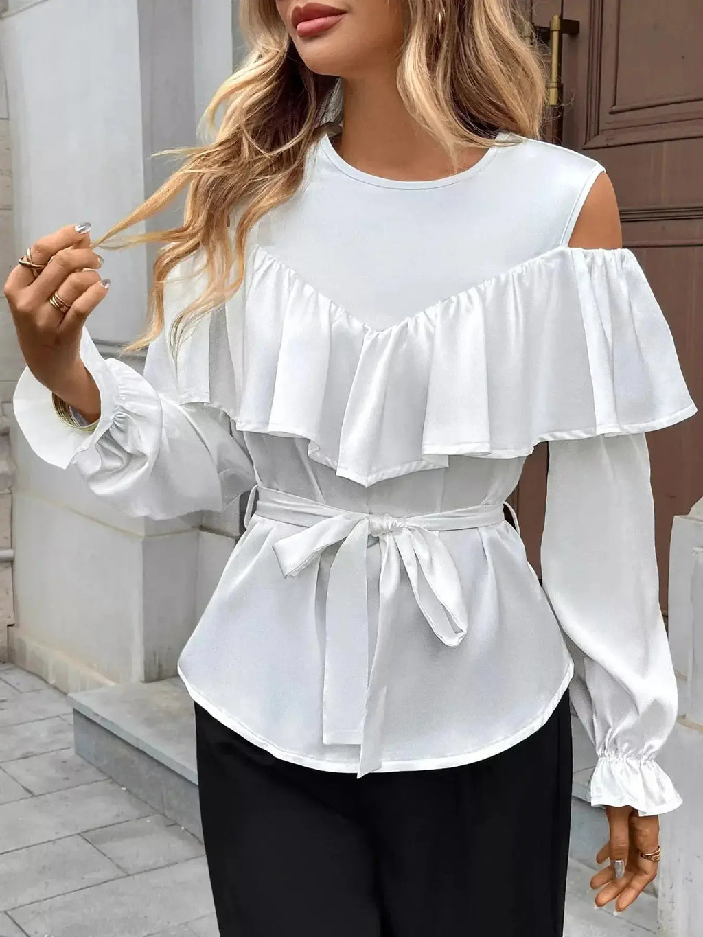 Cold Shoulder Ruffle Blouse - DaisyDrop 