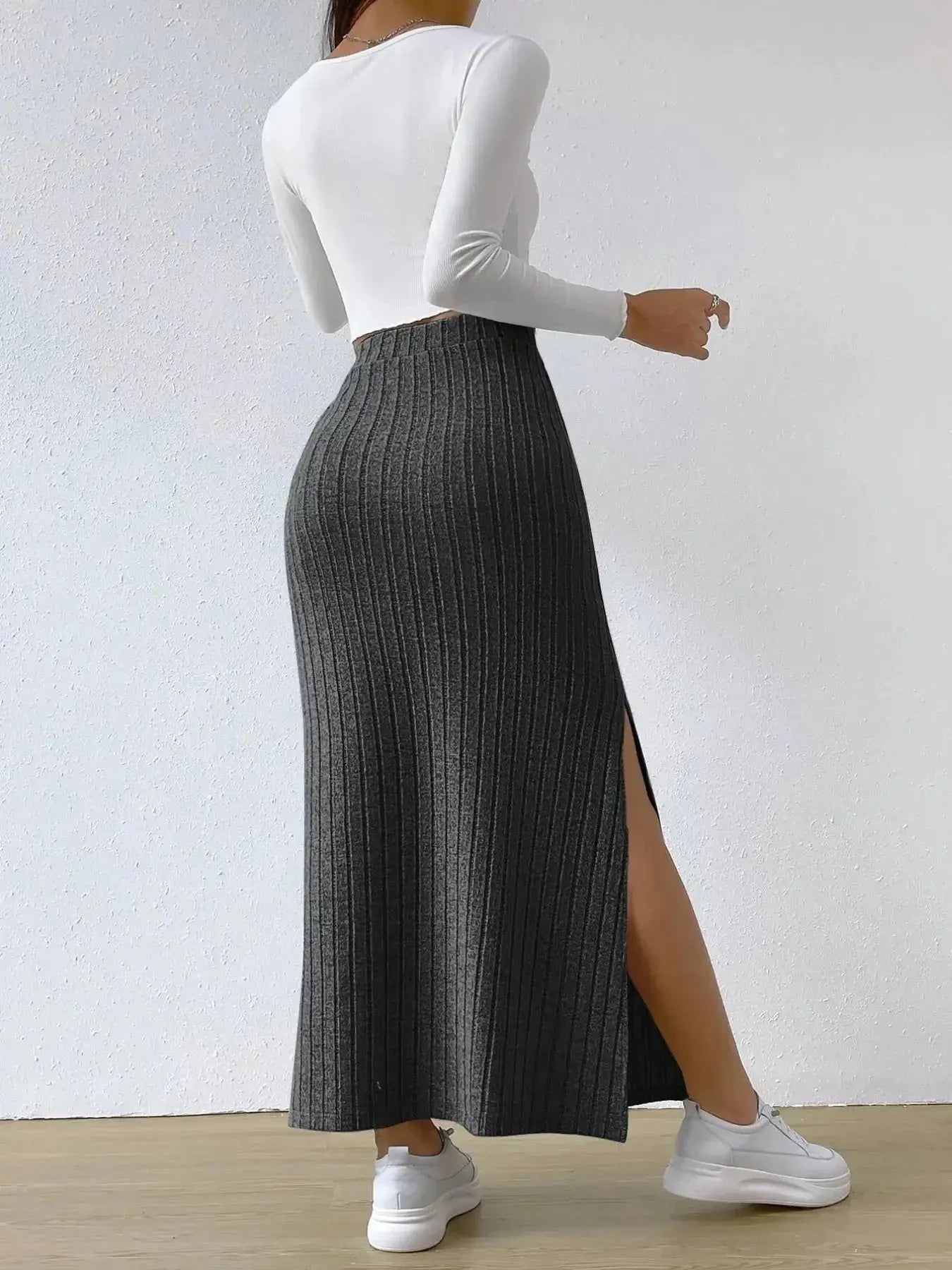 High Waist Ribbed Knit Maxi Skirt - DaisyDrop 