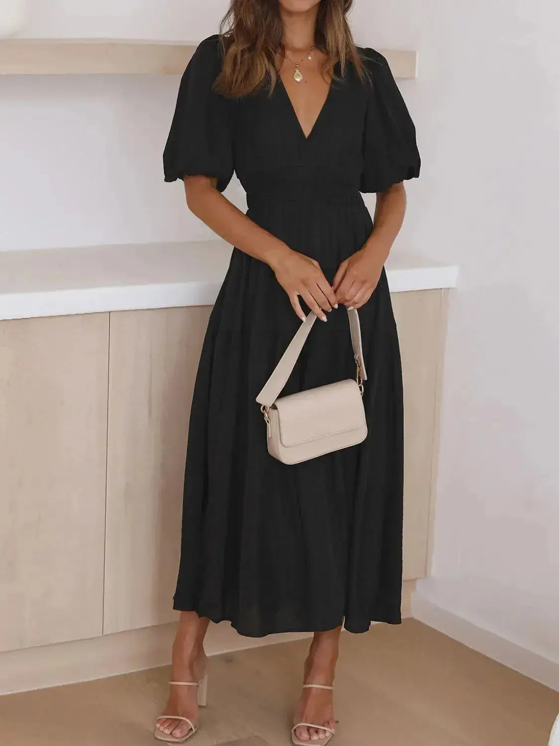 V-Neck Puff Sleeve Midi Dress - DaisyDrop 
