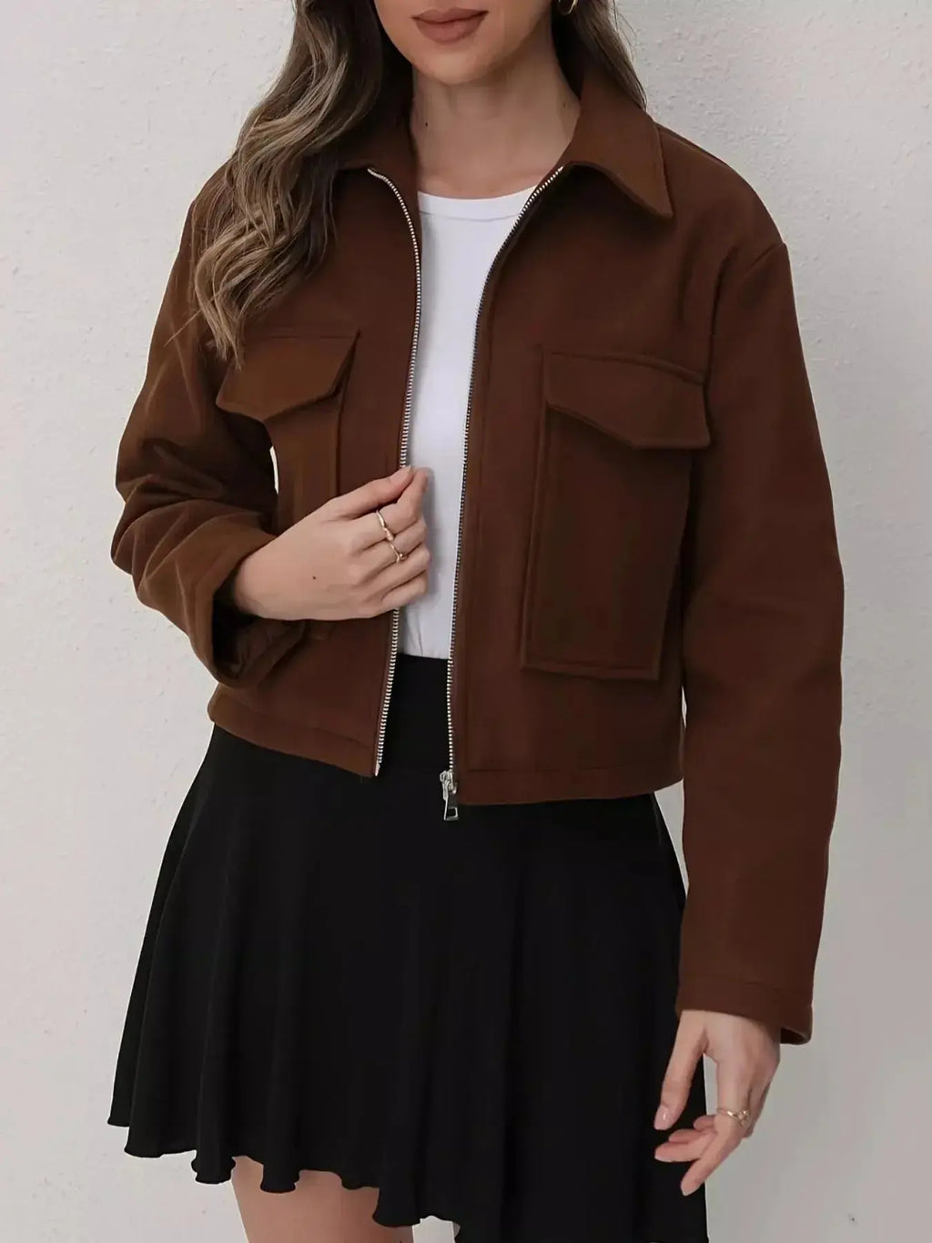 Cropped Zip-Up Pocketed Jacket - DaisyDrop 