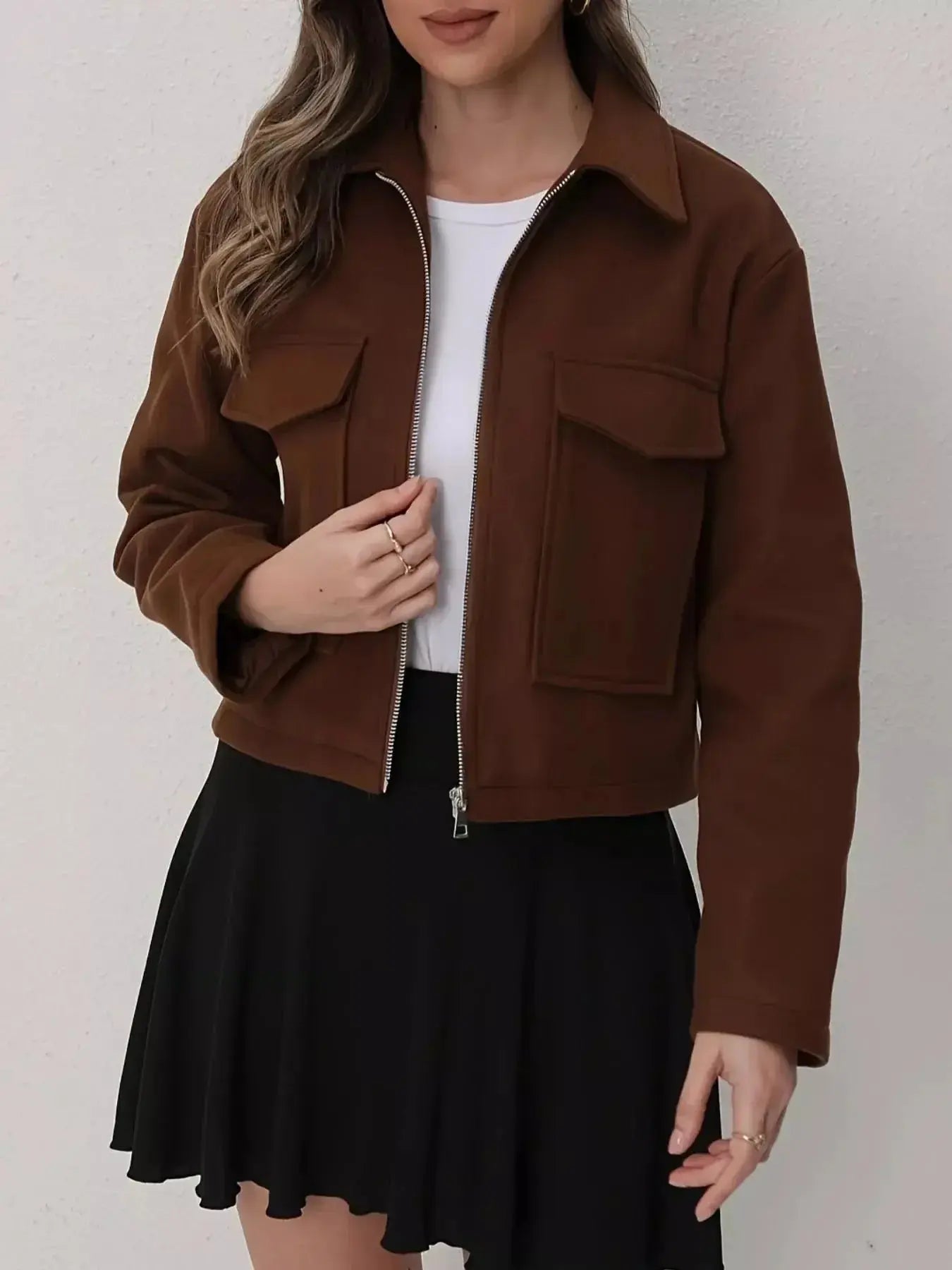 Cropped Zip-Up Pocketed Jacket - DaisyDrop 
