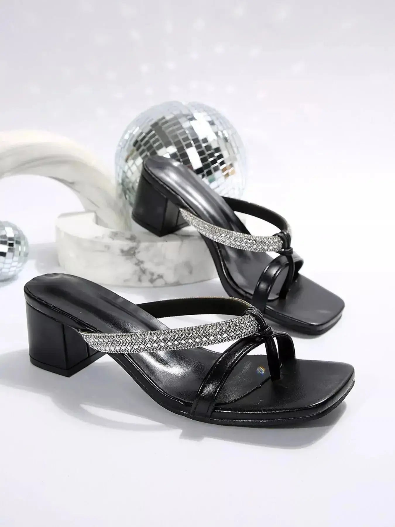 Rhinestone Embellished Block Heel Sandals - DaisyDrop 