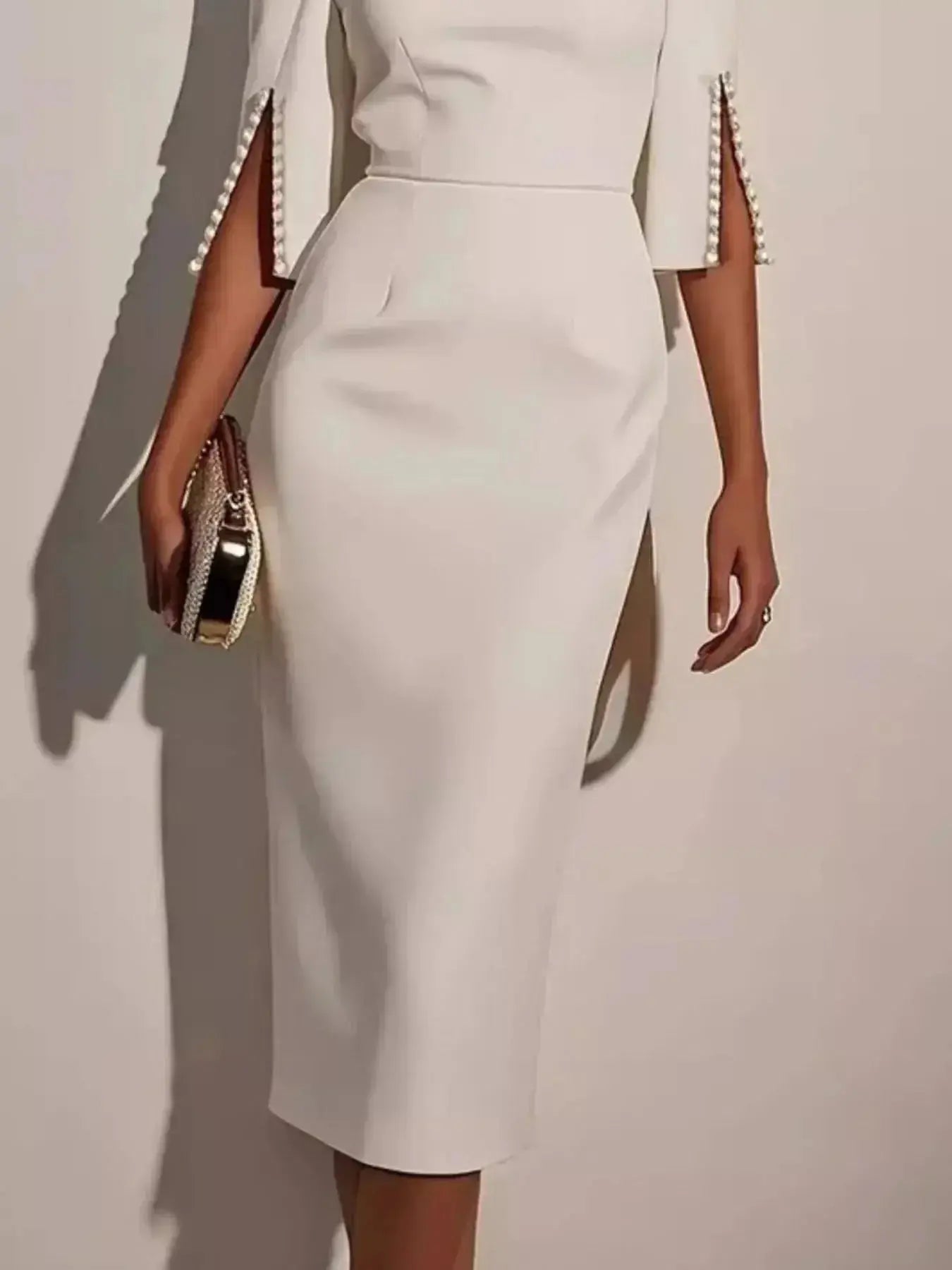 Slim-Fit Elegant Midi Dress with Beaded Slit Sleeve - DaisyDrop 