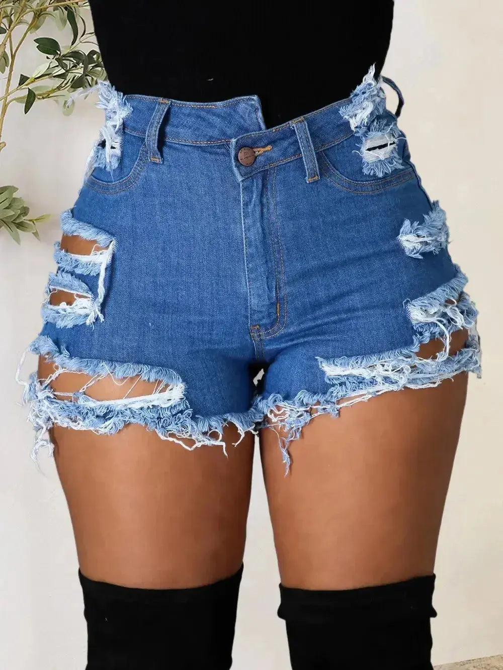 Distressed Raw Hem Denim Shorts with Pockets - DaisyDrop 