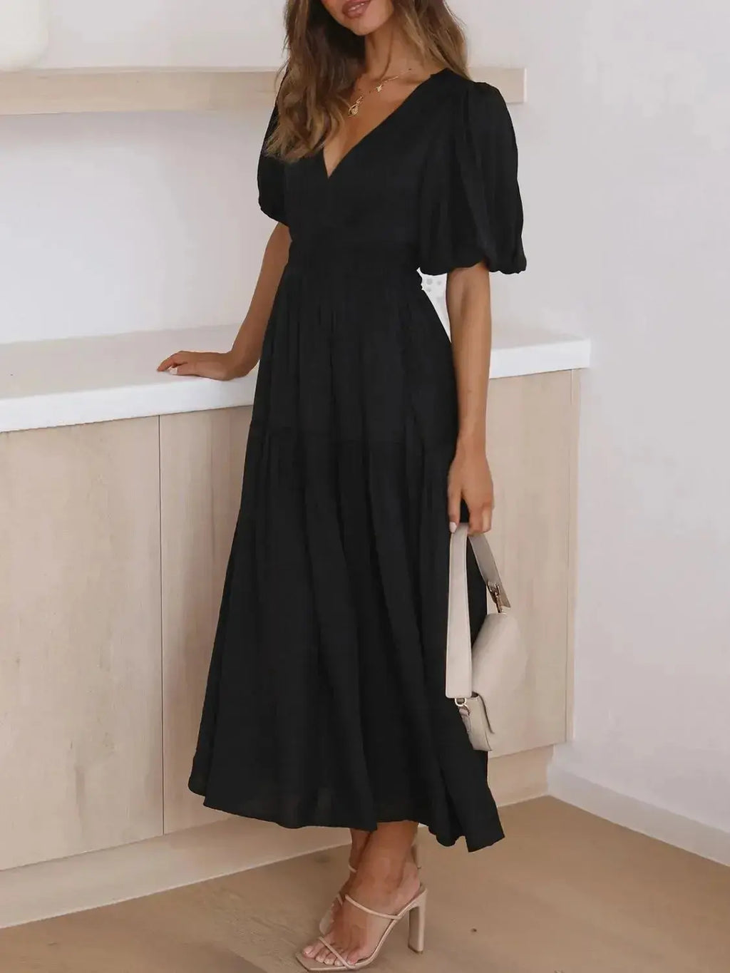 V-Neck Puff Sleeve Midi Dress - DaisyDrop 